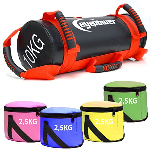 EYEPOWER 20kg Power Bag + 4 Kettlebell Gewichte - Befüllt mit Eisensand - Besser als Geräte: 6 Griffe Fitness Sandbag für Zuhause - 20x60cm Gewichtssack für Home Training - Bauch- und Rückentrainer