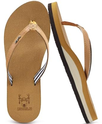 KuaiLu Womens Arch Support Flip Flops Comfortable Yoga Mat Slip on Leather Walking Thong Cushion Sandals Summer Beach Orthotic Slides Travel Essentials Indoor Outdoor Slippers Shoes Khaki Size 10