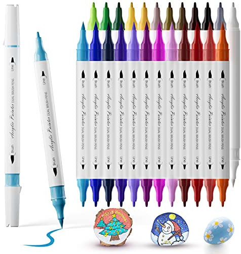 AOSUCO 24 Farben Acrylstifte für Holz Bemalen, Dual Tip Holz Beschriften Stift Acrylmarker für Steine, Glas, Keramik, Leinwand, Stifte für Kinder Ostereier zum Bemalen