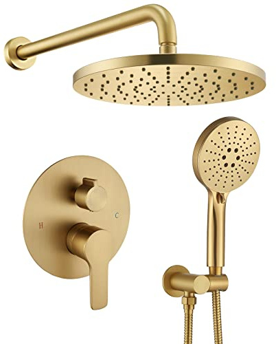 Iriber Shower System Wall Mounted Shower Faucet Mixer Set with Luxury High Pressure Shower head and 3-Setting Handheld, Bathroom Shower Trim Kit Contain Pressure Balance Valve,Brushed Gold