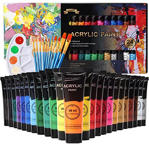 ARTKUNST Acrylfarben Set, 24 x 36 ML Acrylfarbenset mit 10 Pinseln für Leinwand Holz Papier Keramik, Wasserdichte Acrylfarbe mit Lebendiger Farbe für Künstler, Anfänger, Kinder