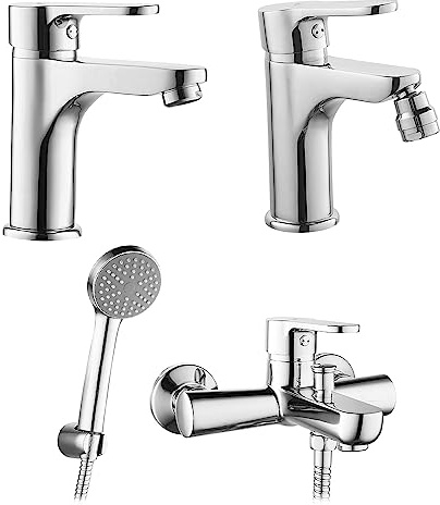 Inbagno Set miscelatori lavabo Bidet e Vasca con doccetta, in Ottone Cromato, con piletta di Scarico Inclusa, Paco