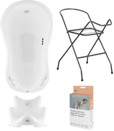Hylat Baby Set: Stabile Babybadewanne mit Thermometer, Gestell, Badesitz und Abfluss - ideale Lösung für die tolle Badeerlebnisse - Motiv: Hug Me, Farbe: Weiß