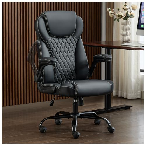 amseatec Office Chair, Executive PU Leather Chair Home Office Desk Chairs, Ergonomic Computer Desk Chair with Adjustable Flip-Up Arms, Lumbar Support Swivel Task Chair with Rocking Function (Black)