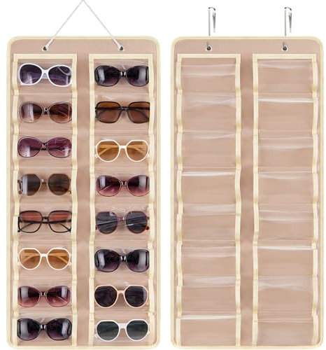 Enbagold Sonnenbrillen Aufbewahrung 16 Fächer, Hängend Sonnenbrillen Organizer Filz Brillenhalter Wand, Brillenaufbewahrung Staubdichter Sonnenbrille Lagerung mit 2 Häkchen - Beige