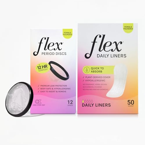 Flex Paquete de discos menstruales (12 unidades) y protectores de bambú flexibles (50 unidades) | Alternativa de tampón para principiantes | Ayuda a combatir el olor | Capacidad de disco de 5 súper