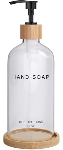 Glass Hand Soap Dispenser Bathroom Set by Brighter Barns - Hand Soap Dispenser for Kitchen Sink & Bathroom - Refillable Pump Bottle Set - Neutral Home Decor for Airbnb, Vacation Rental, Hotel (Clear)