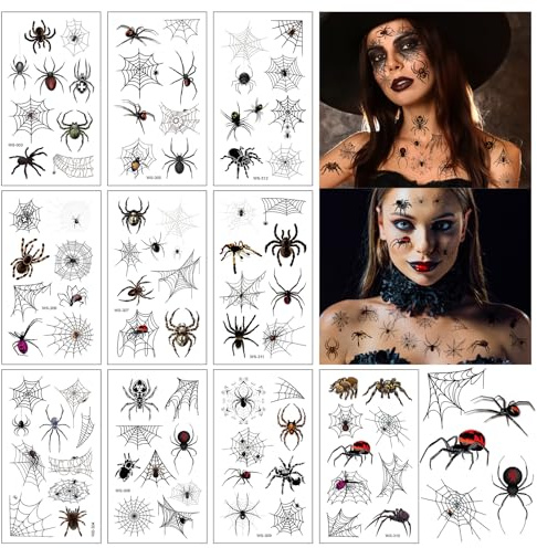 10 Blätt Spinnen Temporäre Tattoos, Spinnen Tattoo, Halloween Spinnen Tattoo, Halloween Aufkleber, Karneval Spinnennetze Gesicht Tattoos, Hallo-ween Dekorationen für Kinder Erwachsene