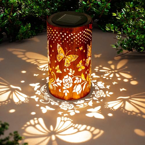 Solar Laternen Outdoor Hängelaternen, Schmetterling ausgehöhlte Metalldekoration Laterne, wasserdicht LED dekorative Garten Licht - Delicate Garten Dekoration für Terrasse, Hof, Weg, Landschaft