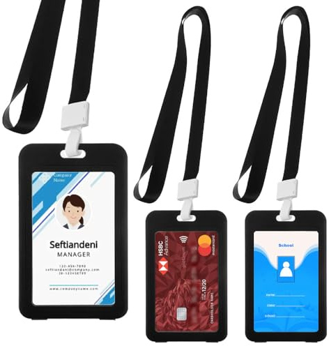 AZWOOD Ausweishalter mit Doppelseitigen Fenstern, 3 Set Vertikale Hartplastik Ausweishülle mit Lanyards für Büro, Schule, Ausweis, Kreditkarten, Näherungsschlüssel, Führerscheine (Schwarze)