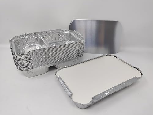 10 x 2 Compartment Aluminium Foil Rectangular Roasting Oven Baking Dish Tray + Lids BBQ Airfryer 203x133x30mm
