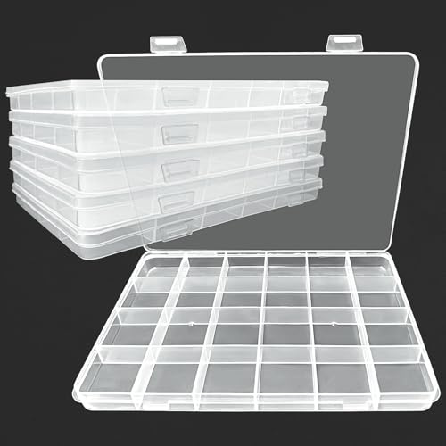Xpieoyrm 6 Stück 24 Gitter Transparenter Aufbewahrungsbox mit Fächern, Doppelte Schnalle Aufbewahrungsbox Organizer Box, Plastik Sortierbox, für Knöpfe Kleinteile Perlen