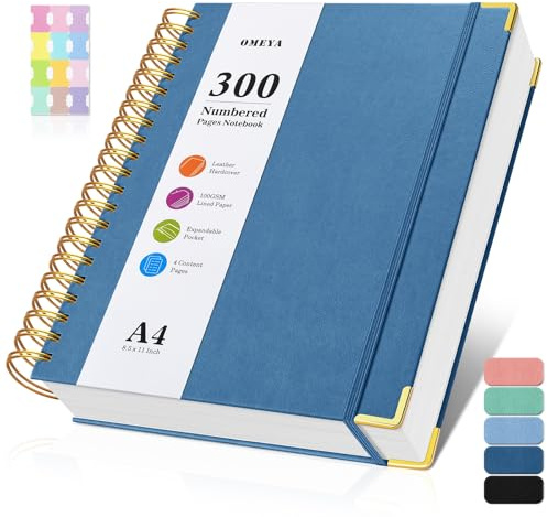 Anteckningsblock, anteckningsbok A4-linjerat, anteckningsböcker med 300 numrerade sidor, 100 GSM tjockt anteckningsblock, inbunden läder spiralbunden journal för kvinnor och män, stor anteckningsbok