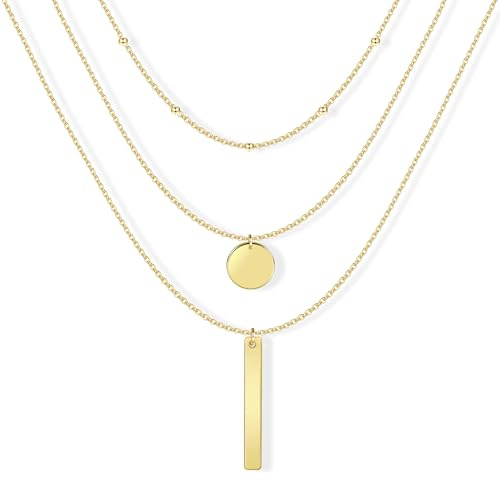 ALEXCRAFT Layered Halskette Damen Herren, Goldkette Runde Anhänger Bar Anhänger Mehrschichtige Gold Halskette Triple Ketten Lange Layered Kette Modeschmuck für Frauen