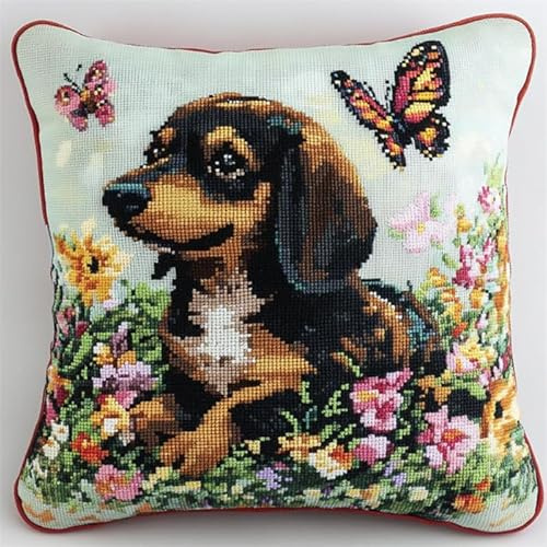 AxiangziK Tier Hund Knüpfkissen Zum Selber Knüpfen,Dackel in Blumen,DIY Kissen Hülle Knüpfset,Kissenbezug Knüpfen Set Kreuzstich für Kinder Erwachsene,17x17in