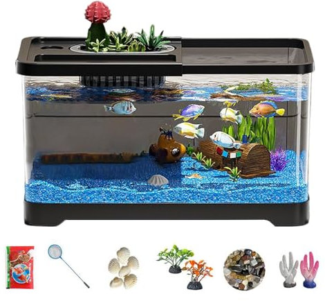 Aquarium - Nano Tank | Rectangular Freshwater Fish Tank with LED Light, Small Tray Filter System | Glass Aquarium, LED Light and Water Pump