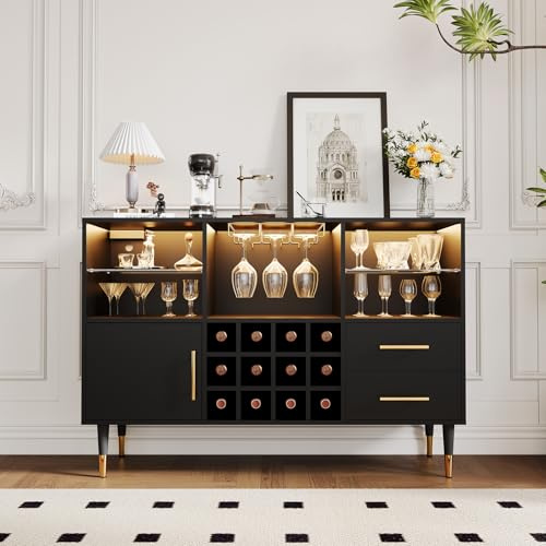 GarveeHome 47 in Bar Cabinet with LED Lights & Charging Station, Modern Sideboard Buffet Cabinet with Storage Drawers, Wine Rack & Doors, Coffee Bar Table for Living Room, Dining Room, Home- Black