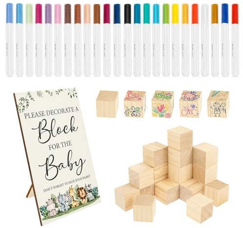 75 Stück Babyparty Spiele Bausatz mit 50 35mm DIY Holzwürfel 24 Acrylfarben Marker 1 Spielschild Lustigste Baby Party Spiele Aller Zeiten für Babyparty Junge Mädchen