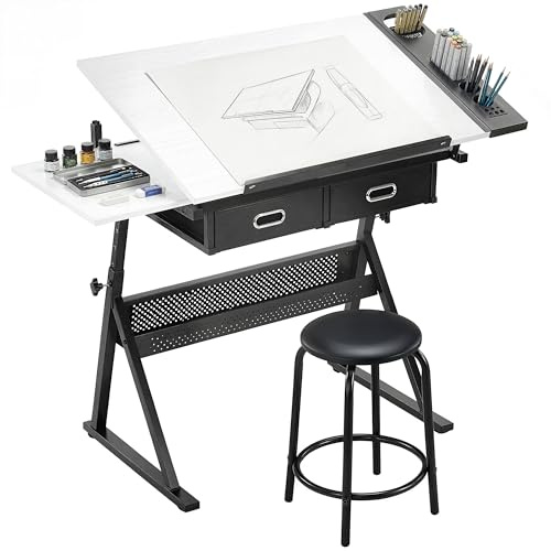 HOMCOM Tavolo da Disegno Inclinabile Altezza Regolabile con Sgabello Bianco
