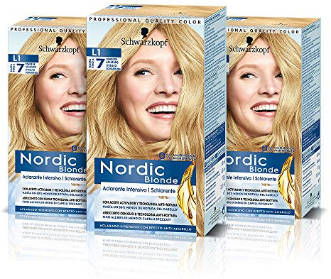 Schwarzkopf Nordic Blonde L1 Aclarante Intensivo - Coloración Permanente Sin Amoníaco - Aclara Hasta 7 Tonos - Con Aceite Activador&Omegaplex - Pack de 3