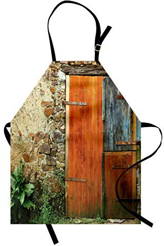 ABAKUHAUS Fensterläden Kochschürze, Alte Mode Landhaus Französisch Eingang Steinmauer Bauernhaus Bild drucken, Farbfest Höhenverstellbar Waschbar Klarer Digitaldruck, Orange Grün
