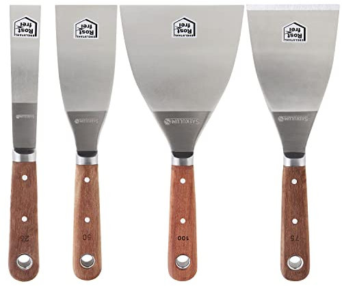 Malerspachtel Set 25+50+100mm+1 Stoßspachtel - Echter Rostfreier Edelstahl! HOHE SICHERHEIT – Blatt & Griff aus einem Stk. Guter Materialabtrag Profiqualität Stielspachteln Gipsspachtel Schaber