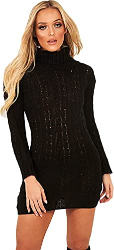H&F New Women's Ladies Long Sleeve Turtle Polo Neck Chunky Cable Knitted Jumper Dress Slim Fit Ladies Stretch Pullover Bodycon Midi Dress Casual, Party, Warm Winter Wear Size 8-22(16-18, Black)