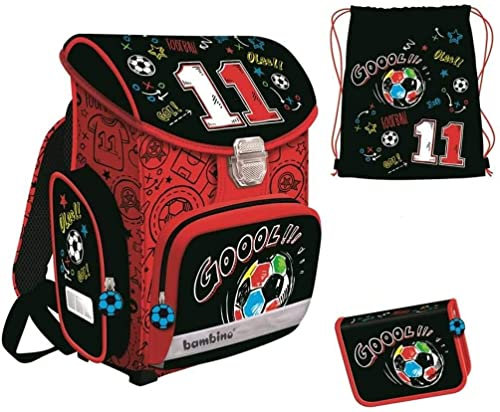 Football Fußball – Schulranzen Bambino - Set, 5-teilig, Ranzen/Tasche, Turnbeutel/Schuhbeutel/Sportbeutel, Schüleretui/Federmäppchen – Mega Ballon + Regenschutz