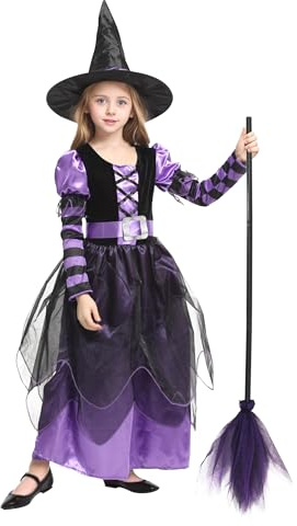 EOZY Kids Witch Halloween Costume Girls Witches Dress Cosplay Witch Outfit with Magic Broom for Carnival Parties