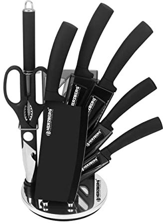 Herzberg Set Couteau Cuisine Professionnel - Couteaux Tranchant en Acier Inoxydable - Support en Acrylique - Poignée ergonomique - Set de couteaux avec support 8 pièces - Noir HGMSN8-BLK