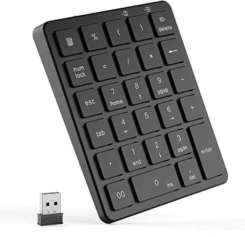 PINKCAT Wireless Numeric Keypad, 28 Keys Aluminum Rechargeable Number Pads Portable Numpad Financial Mechanical Accounting Multi-Function Keyboard Extensions for Laptop, PC, Notebook, Surface - Black