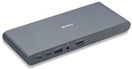 LINDY DST-Pro 5K, USB C Laptop Dockingstation mit 3 (4K) oder Display für HP Mac Acer Dell Asus USB-C -2 DisplayPort, HDMI, 4, Geräteladung, Audio, SD, microSD, Gigabit LAN, 43349