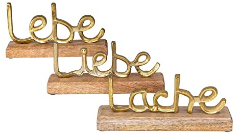 levandeo 3er Set Schriftzug Lache Liebe Lebe L22cm Metall Gold Mango Holz Deko Aufsteller Tischdeko Wohndekoration