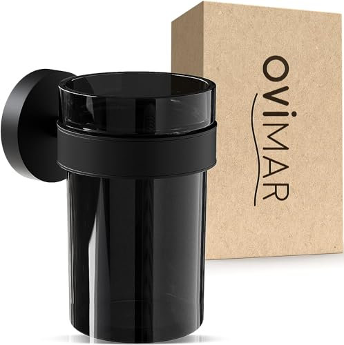 ovimar Zahnputzbecher Engeloya | schwarz | zum Bohren | aus Glas und Edelstahl für das Bad | mit herausnehmbaren Becher und Zahnputzbecherhalter | zum Bohren an der Wand