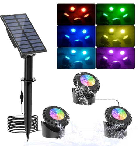 T-SUN Solar Fountain Lights Submersible Solar LED Underwater Pond Lights Color Changing Landscape Spotlights IP68 Waterproof for Garden Fish Trank Aquarium Pool Waterproof (3 Lights in 1)