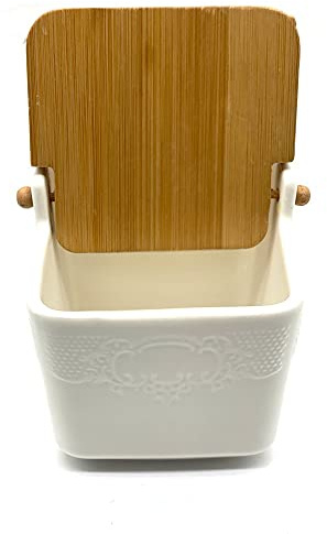 PLUS HOME Azucarero Cocina, Ceramica con Tapa Madera Diseño Modernos.Blanco raya-1 8,5x8,5x9cm