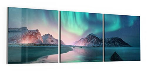 DEQORI Glasbilder Echtglas | Motiv Das Nordlicht der Lofoten | horizontal 3-teilig 150x50 cm | große XXL Deko | Wandbilder für Wohnzimmer, Schlafzimmer, Flur & Küche | moderne Wanddeko