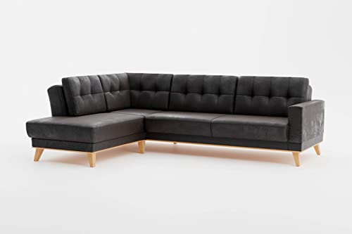 CAVADORE Ecksofa Lima mit Ottomane / Couch in L-Form in Wildlederoptik mit Wellenfederung, Holzrahmen + Steppung im Rücken / Mikrofaser, Dunkelgrau