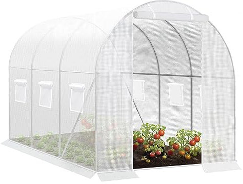 WOLTU Gewächshaus, Foliengewächshaus für Aufzucht Tomaten, Tomatenhaus Winterfest mit Tür 6 Fenstern, aus Stahlrohr PE, 200 x 200 x 300 cm, Weiß