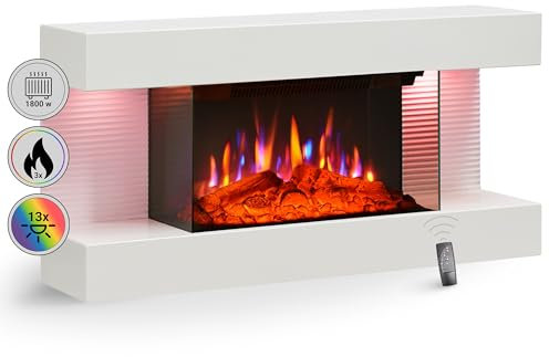 BALDERIA Ida - Camino elettrico da parete con effetto fiamma 3D, riscaldamento elettrico, 1800 W, camino con telecomando, controllo di avvio, timer e termostato, colore: bianco
