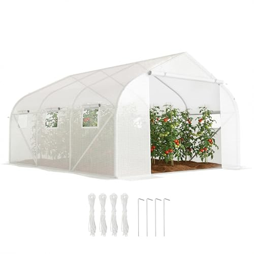 Outsunny Foliengewächshaus, 4,45 x 2,99 x 2,05 m Gewächshaus, Tomatenhaus mit UV-Schutz, Mesh-Fenster, Winddichtes Treibhaus für Garten, Balkon, Metall, Weiß
