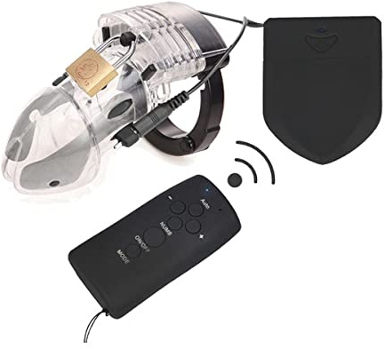 Gabbia per pene Cintura di castità maschile con scosse elettriche con telecomando senza fili, Bondage Sex E-Stim Dispositivo di castità Gabbia di castità con anello per il pene Sex Toys Trasparente