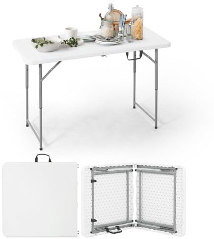 CAPHAUS Klapptisch, 120 cm, mit Tragegriff, robust, tragbar, zusammenklappbar, für drinnen und draußen, höhenverstellbar, für Camping, Picknick, Büro, Zuhause, Weiß