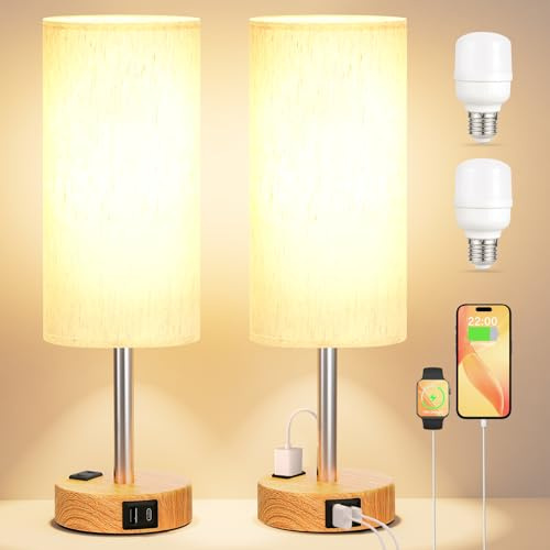 Kakanuo Lampe de Chevet Tactile Lot de 2, Lampes de Table 3 Intensité Gradation avec Ports de Charge USB-A+C+Prise, Petite Lampe pour Chambrer Salon D'enfant Bureau (2 Ampoules Incluses)