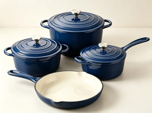 QuliMetal Enamelled Cast Iron Cookware Set, 4 Piece Pots and Pans Set-Navy | 26cm Non Stick Frying Pan + 1.9L& 2.6L& 4.5L Cast Iron Dutch Oven Compatible Casserole Pot with Lids, for All Hob Types