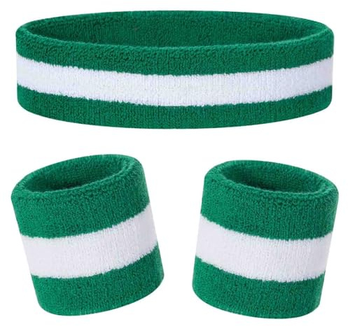 Kids Sweatbands Headband Wristband Set - Athletic Cotton Sweat Band for Sports - Ultimate Sweat-Absorbing 3-piece Set (1 Headband + 2 Wristbands) (Teal+White)