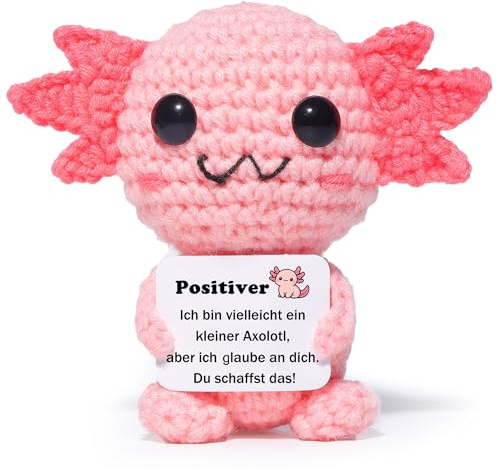 Axolotl Häkelfigur mit Motivationskarte - Handgemachtes Geschenk zur emotionalen Unterstützung für Frauen & Teens, Kreative niedliche Häkelpuppe Aufmunterungsgeschenk für Freunde, Frauen (Farbe 1)