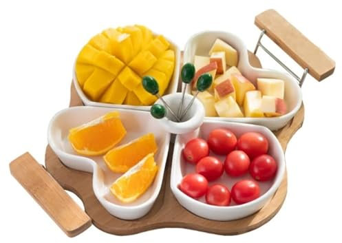 LUTFI Ensaladera Juego de Bandeja y Bol for Frutas de Madera de bambú, Plato de Rejilla de cerámica con Forma de corazón de Amor, Cesta de Frutas for Sala de Estar, Dulces y postres Hogar y Cocina