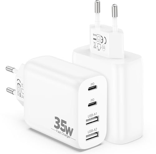USB C Ladegerät, für iPhone 17/Air/16/16E/15/14 Pro Max, iPad Air, Google Pixel 10/9/8, 4Port Schnellladegerät USB-C USB-A Netzteil Mehrfach Stecker Adapter 35W Ladestecker, 2-Pack