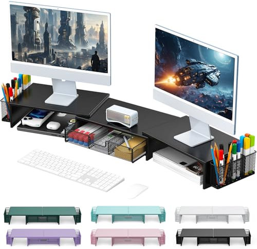 gianotter Dual-Monitor-Ständer, Schreibtisch-Organizer mit Schublade und 2 Stifthaltern, Computer-Monitorständer, Regal für die Oberseite des Schreibtischs, Schwarz